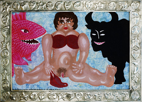 “La Poupée avec le Señor Huachinango et le Señor Toro”. Acrylique sur papier amaté et cadre en argent repoussé. 50 x 69 cm.