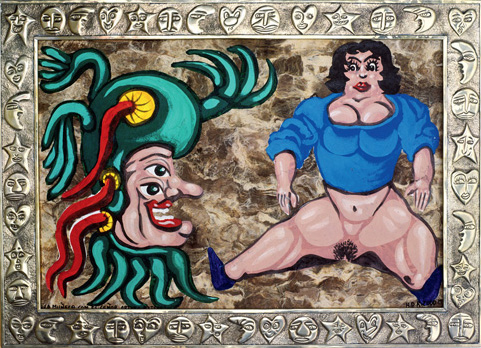 “La Poupée avec le Señor Arturo Azteco”. Acrylique sur papier amaté et cadre en argent repoussé. 50 x 69 cm.